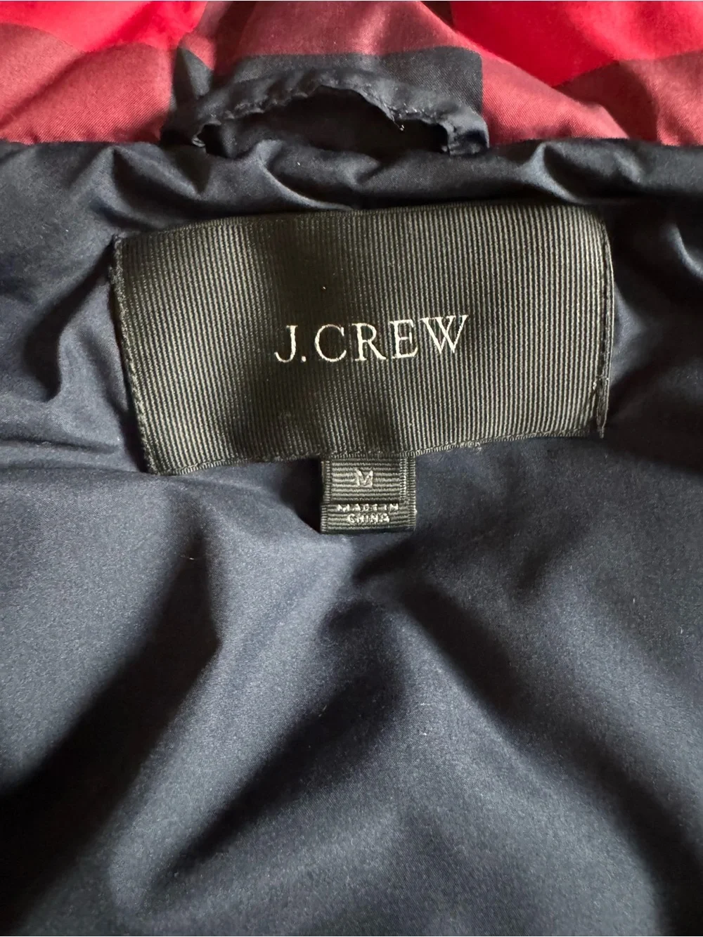 J. Crew Buffalo Plaid Down Puffer Vest Red Black Quilted Snap Pocket Medium